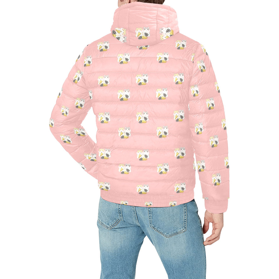 Cute hamster cheese pattern pink background Men's Padded Hooded Jacket