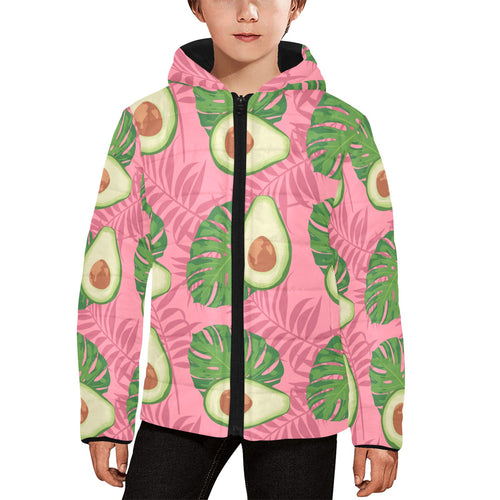 Avocado slices leaves pink back ground Kids' Boys' Girls' Padded Hooded Jacket