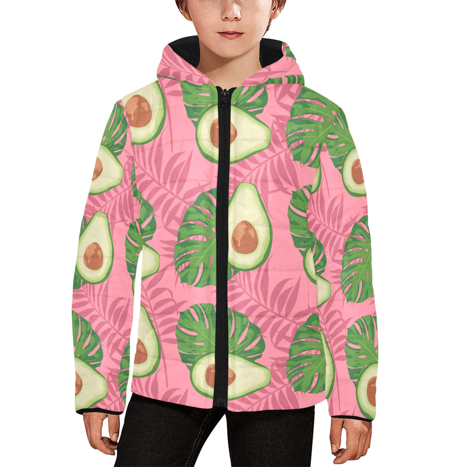 Avocado slices leaves pink back ground Kids' Boys' Girls' Padded Hooded Jacket