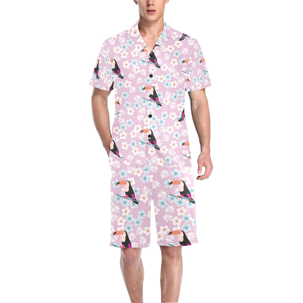 Beautiful toucan flower leaves Men's V-Neck Short Pajama Set