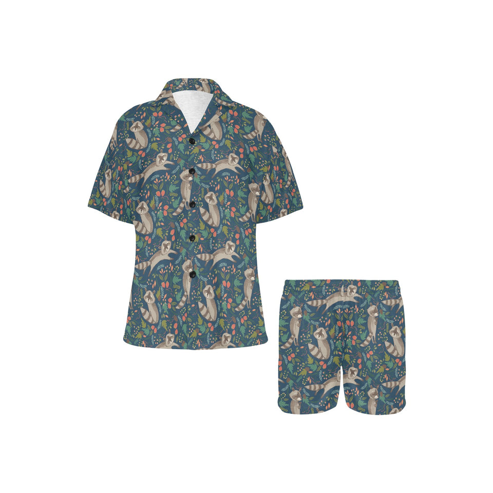 Raccoon tropical leaves pattern Women's V-Neck Short Pajama Set