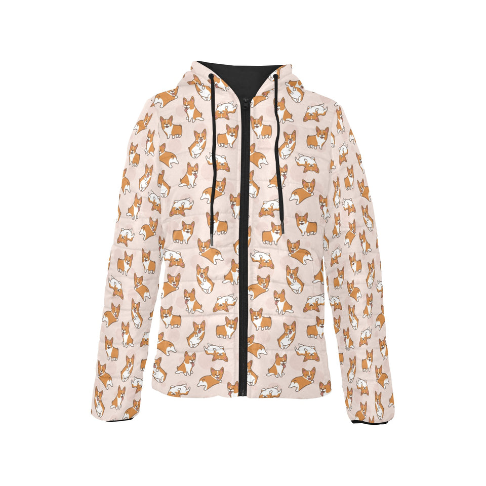 Cute Corgis Pattern pink background Women's Padded Hooded Jacket