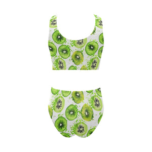 Watercolor kiwi pattern Chest Bowknot High Waisted Bikini Swimsuit