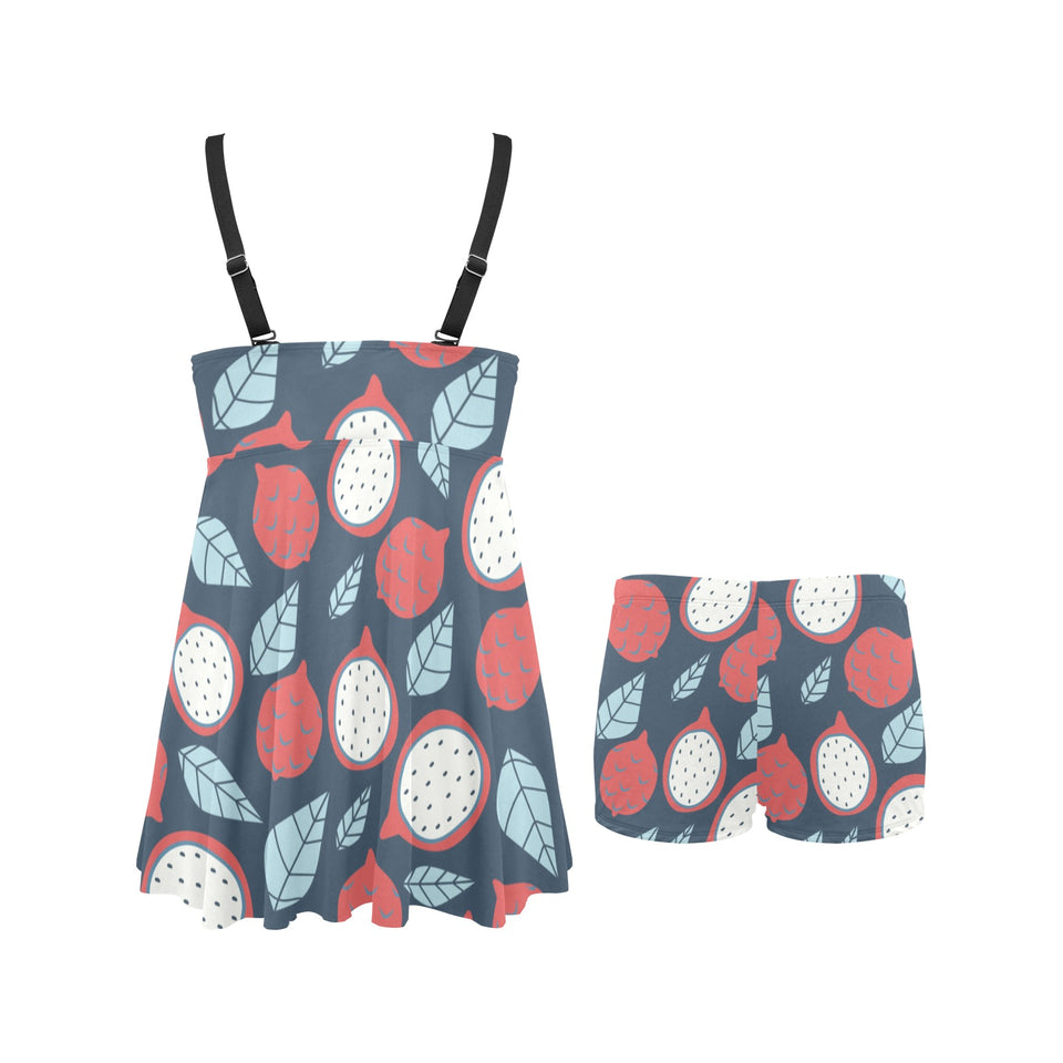 dragon fruits dark blue background Chest Sexy Pleated Two Piece Swim Dress