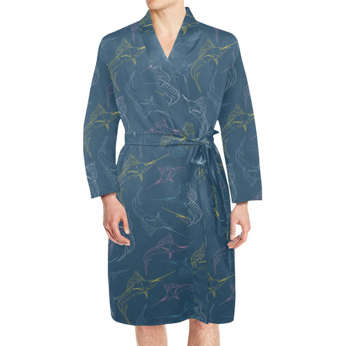 Swordfish Pattern Print Design 02 Men's Long Sleeve Belted Night Robe