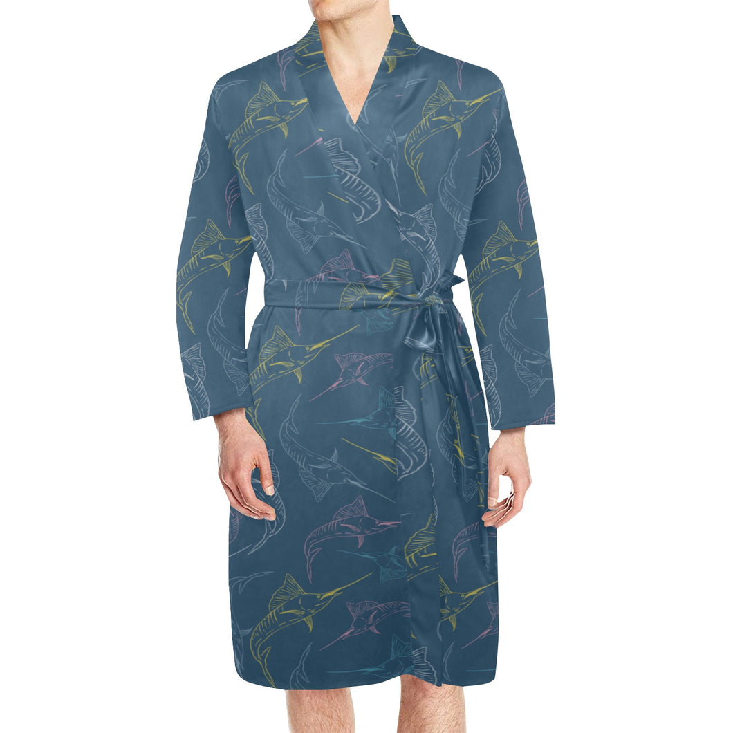 Swordfish Pattern Print Design 02 Men's Long Sleeve Belted Night Robe