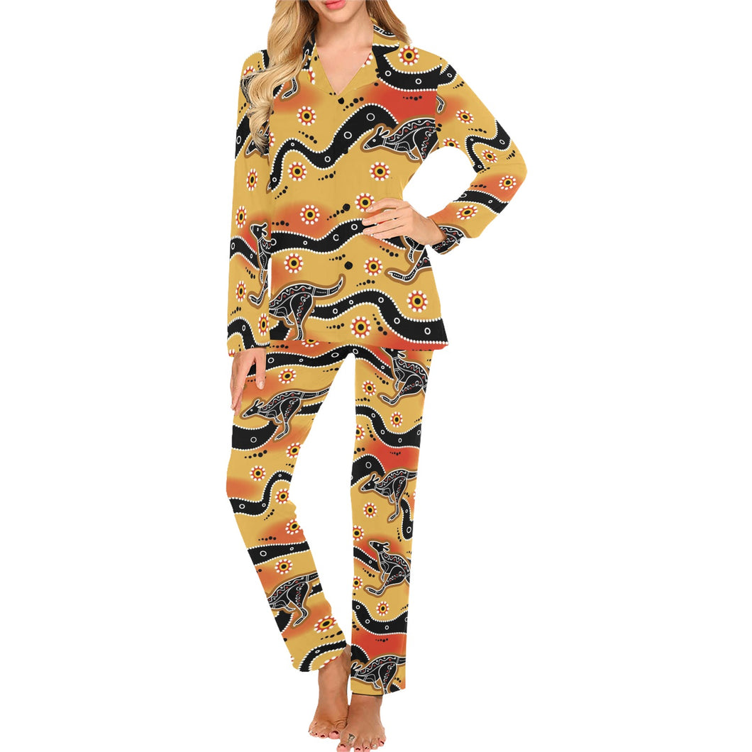 Kangaroo Australian aboriginal art pattern Women's Long Pajama Set