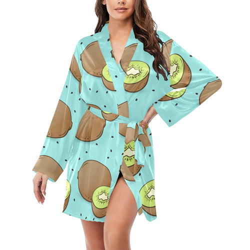 Kiwi blue background Women's Long Sleeve Belted Night Robe