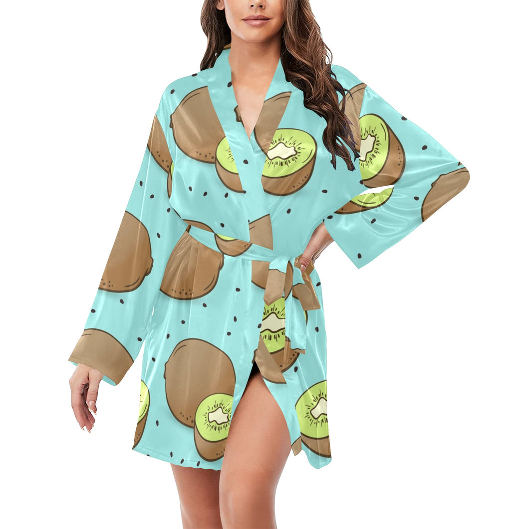 Kiwi blue background Women's Long Sleeve Belted Night Robe