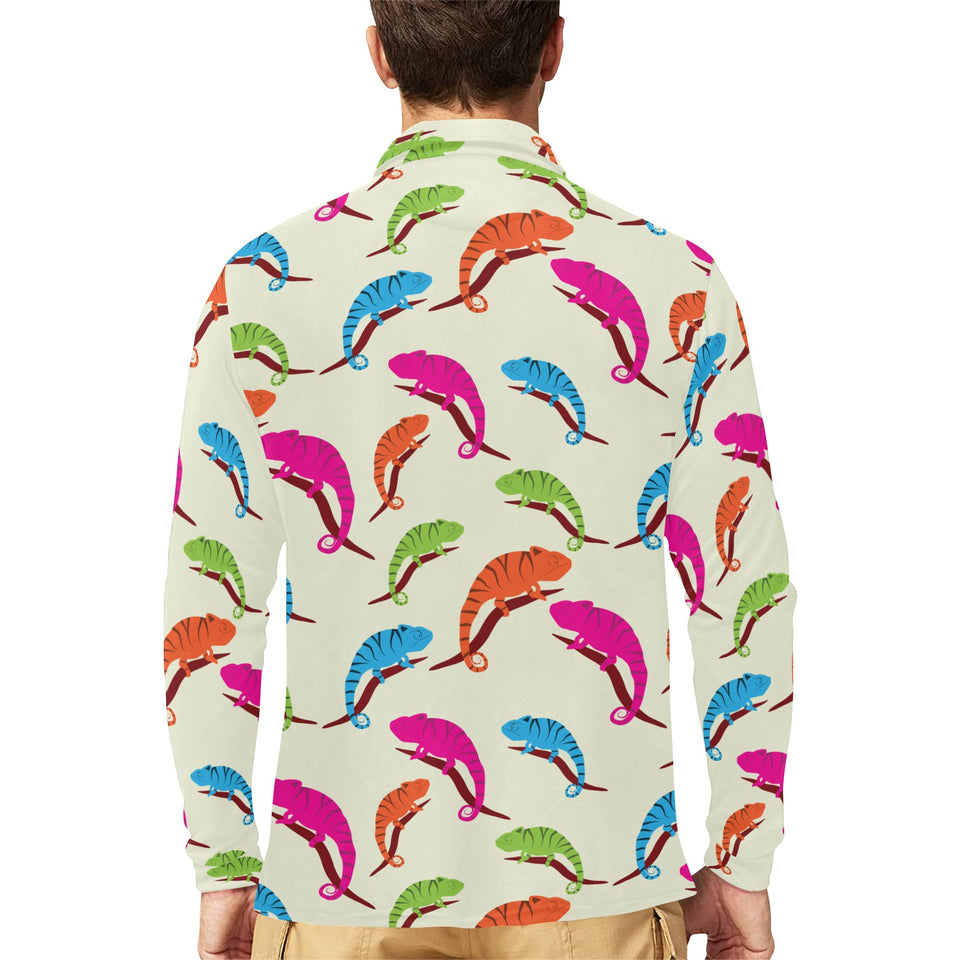 Colorful Chameleon lizard pattern Men's Long Sleeve Polo Shirt