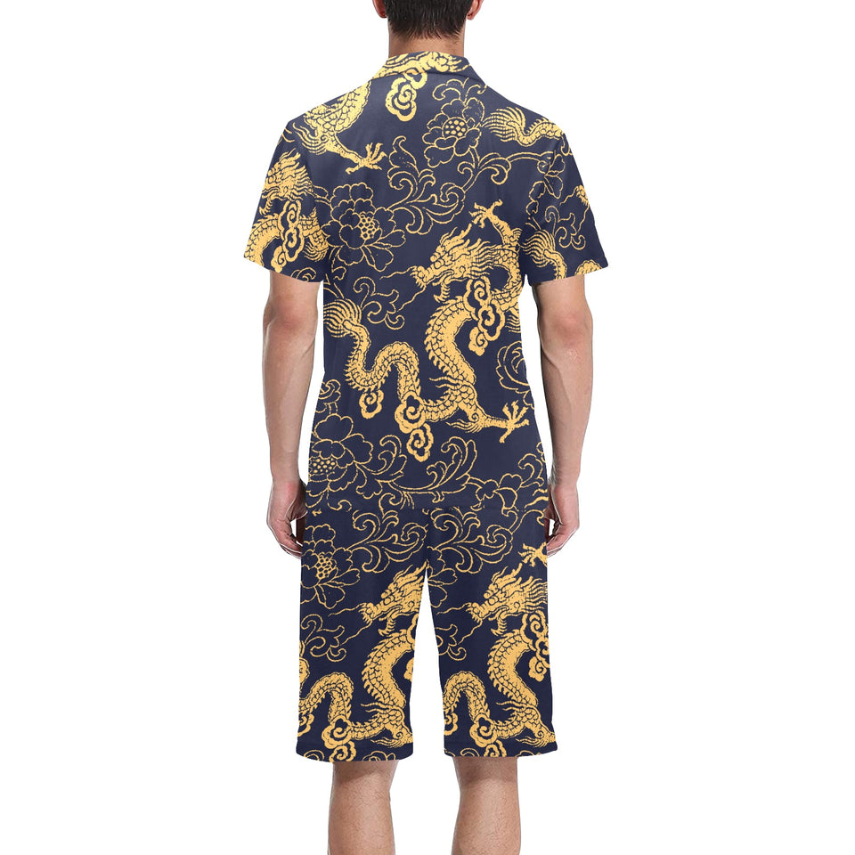 Gold dragon pattern Men's V-Neck Short Pajama Set