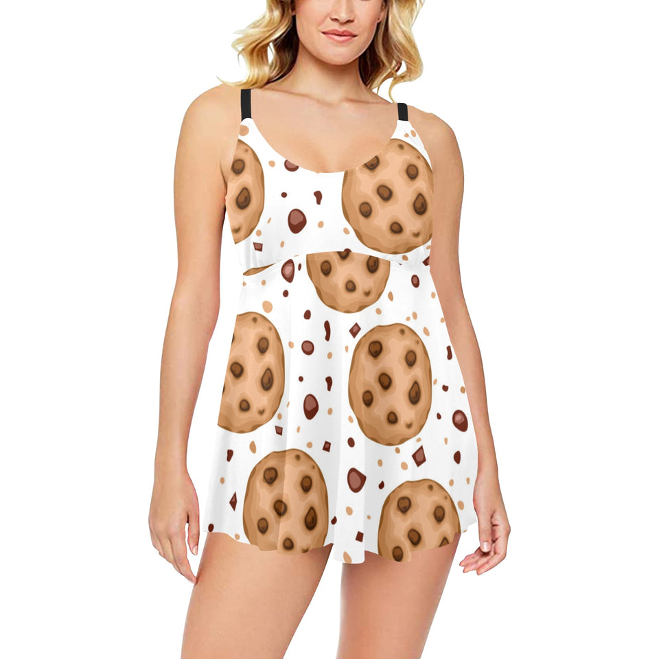 chocolate chip cookie pattern Chest Sexy Pleated Two Piece Swim Dress