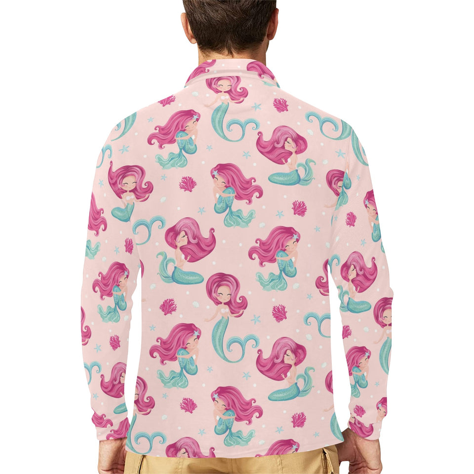 Cute little mermaid pattern Men's Long Sleeve Polo Shirt
