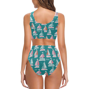 Cute sailboat pattern Chest Bowknot High Waisted Bikini Swimsuit