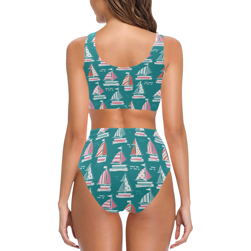 Cute sailboat pattern Chest Bowknot High Waisted Bikini Swimsuit