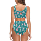 Cute sailboat pattern Chest Bowknot High Waisted Bikini Swimsuit