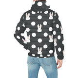 Cute white rabbit polka dots black background Men's Padded Hooded Jacket