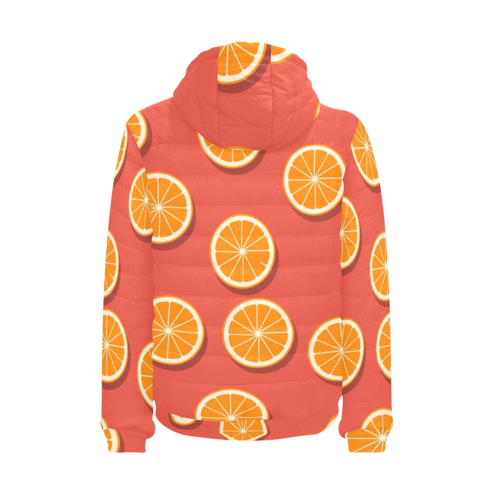 Oranges pattern red background Men's Padded Hooded Jacket
