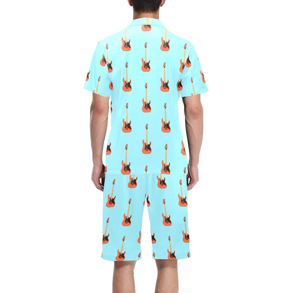 electric guitar pattern light blue background Men's V-Neck Short Pajama Set