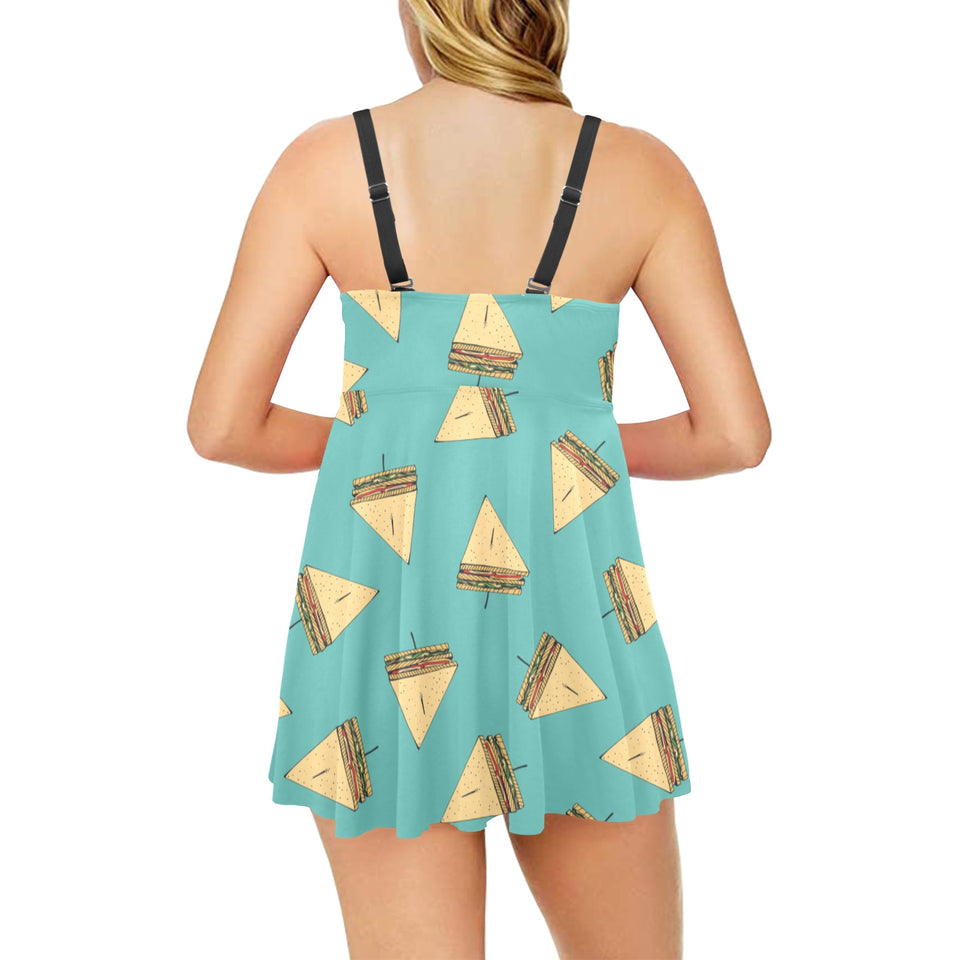 Sandwich Pattern Print Design 03 Chest Sexy Pleated Two Piece Swim Dress