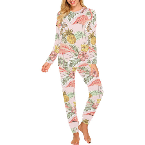 Pink flamingo birds pineapples hibiscus flower pat Women's All Over Print Pajama Set