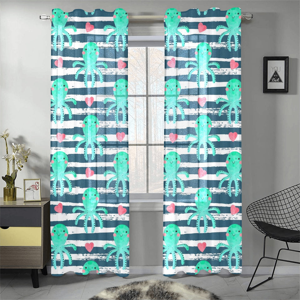 Cute octopuses heart striped background Gauze Curtain