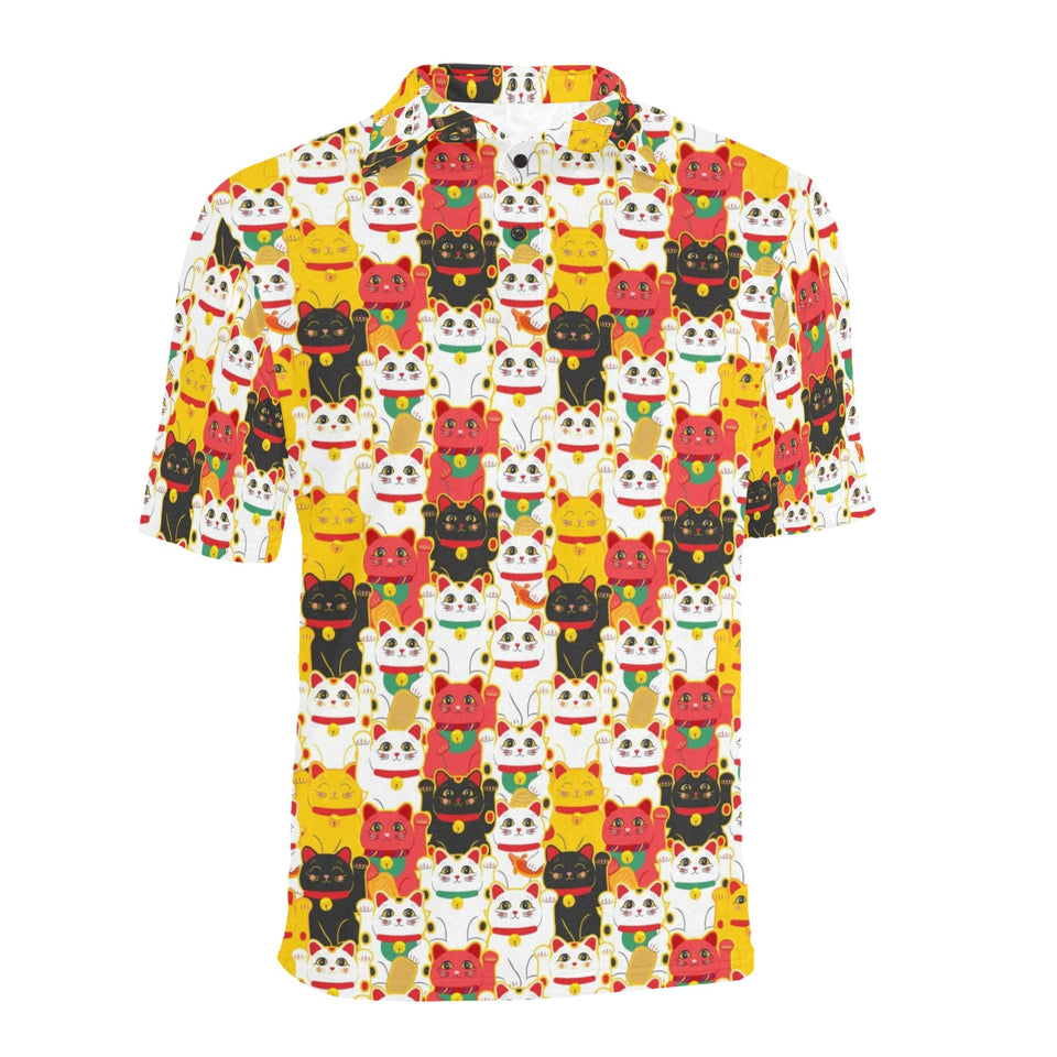 Colorful Maneki neko cat pattern Men's All Over Print Polo Shirt