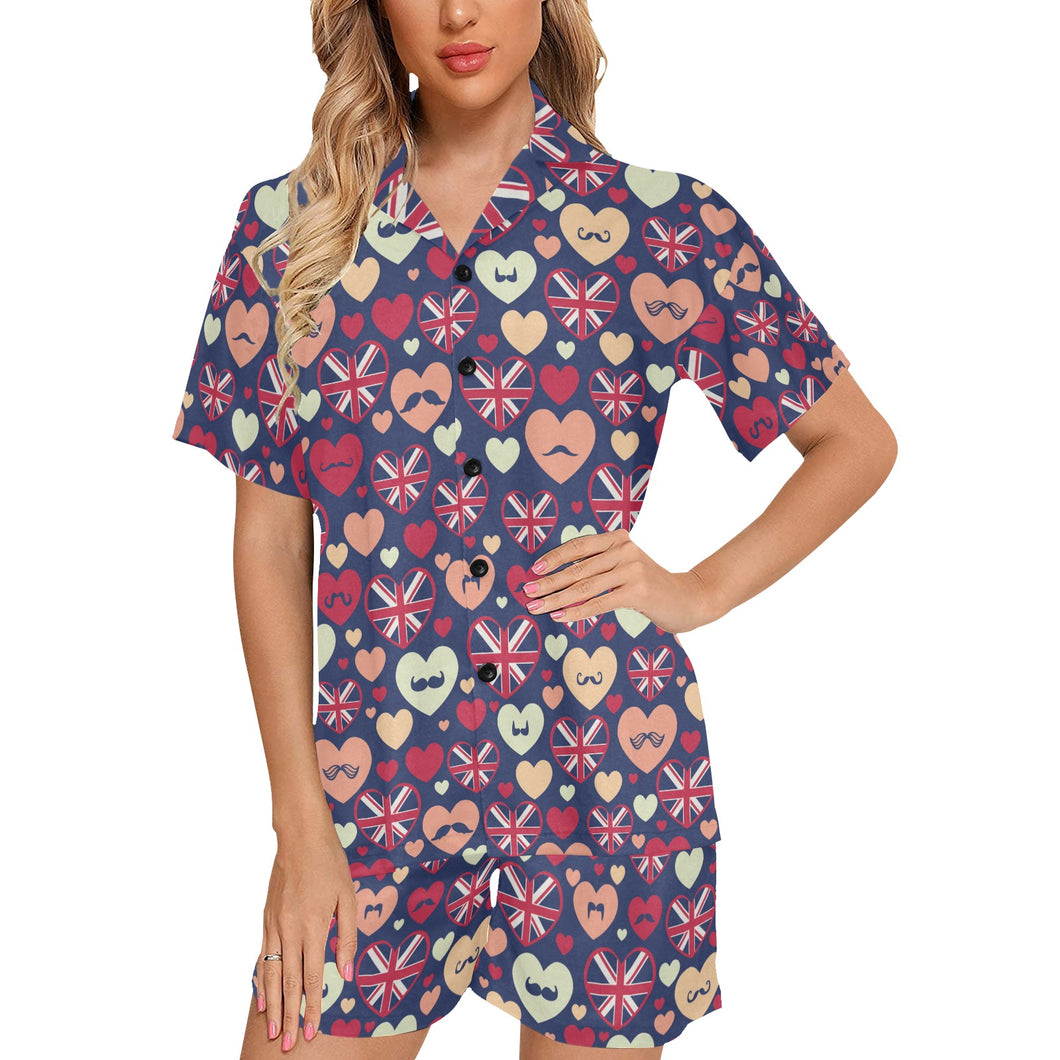 British Pattern Print Design 02 Women's V-Neck Short Pajama Set