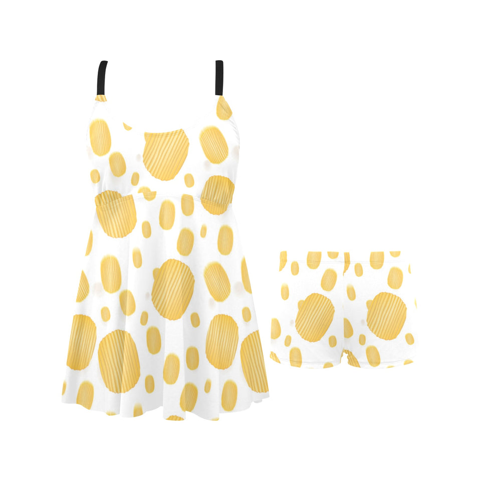 Potato Chips Pattern Print Design 03 Chest Sexy Pleated Two Piece Swim Dress