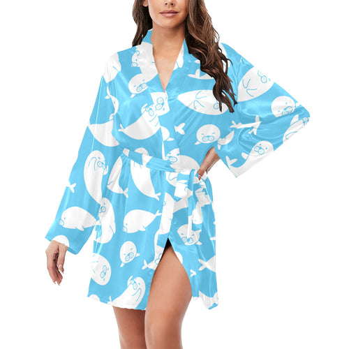 Cute white sea lion seals pattern Women's Long Sleeve Belted Night Robe