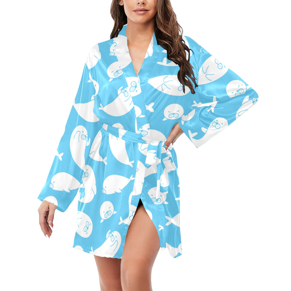Cute white sea lion seals pattern Women's Long Sleeve Belted Night Robe