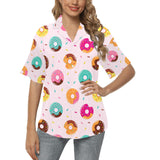 Donut pattern glaze pink background Women's All Over Print Hawaiian Shirt