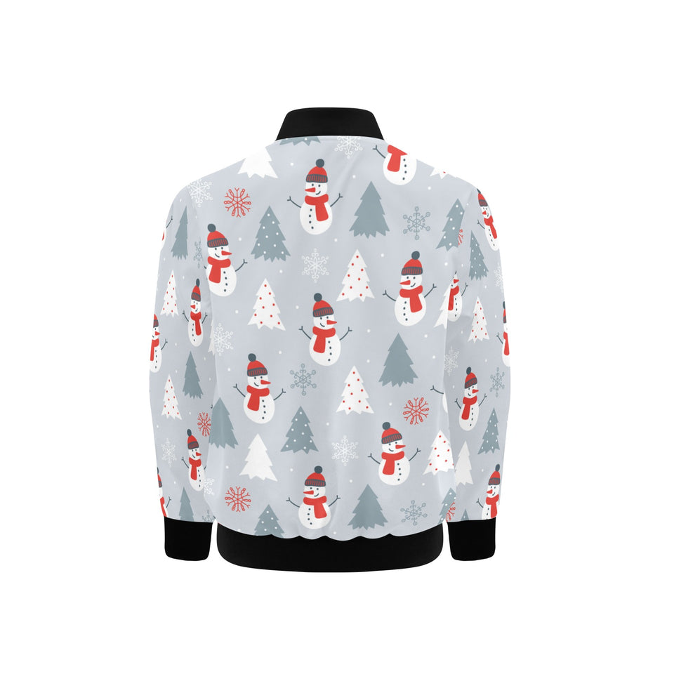Snowman christmas tree snow gray background Kids' Boys' Girls' Bomber Jacket