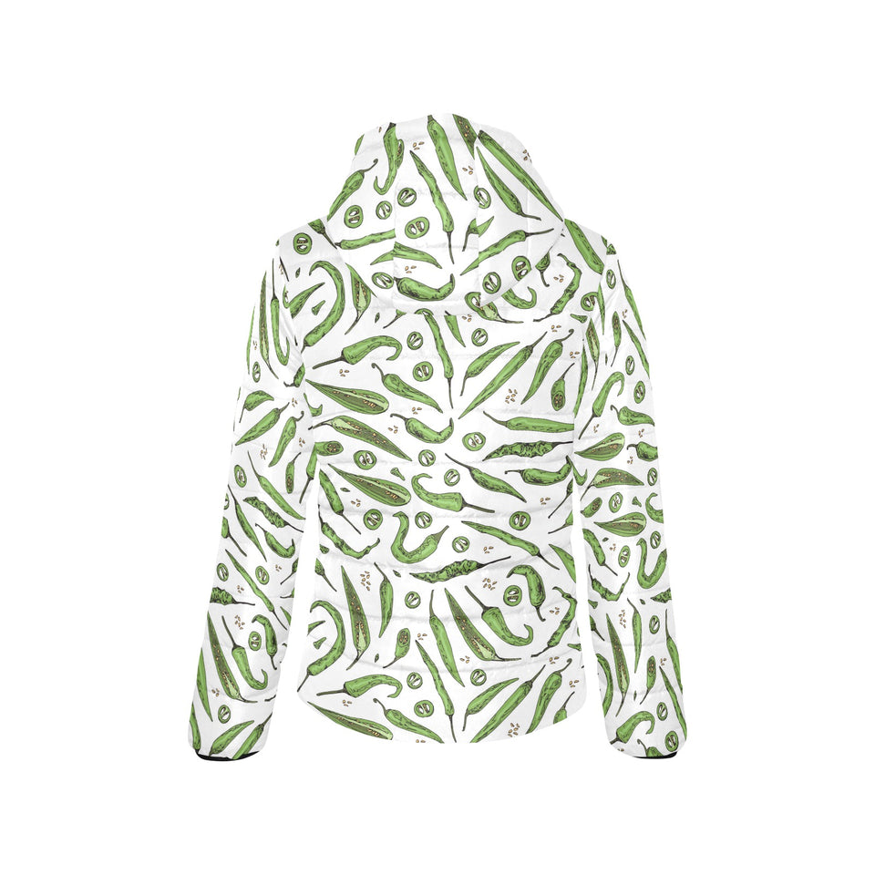 Hand drawn sketch style green Chili peppers patter Women's Padded Hooded Jacket