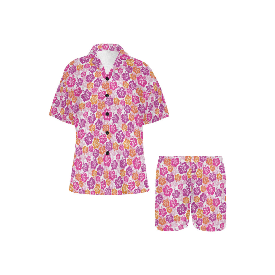 Hibiscus Pattern Print Design 01 Women's V-Neck Short Pajama Set