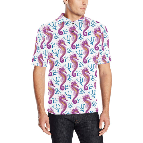 Purple seahorse blue coral pattern Men's All Over Print Polo Shirt