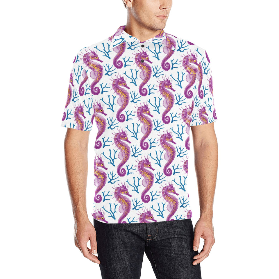 Purple seahorse blue coral pattern Men's All Over Print Polo Shirt