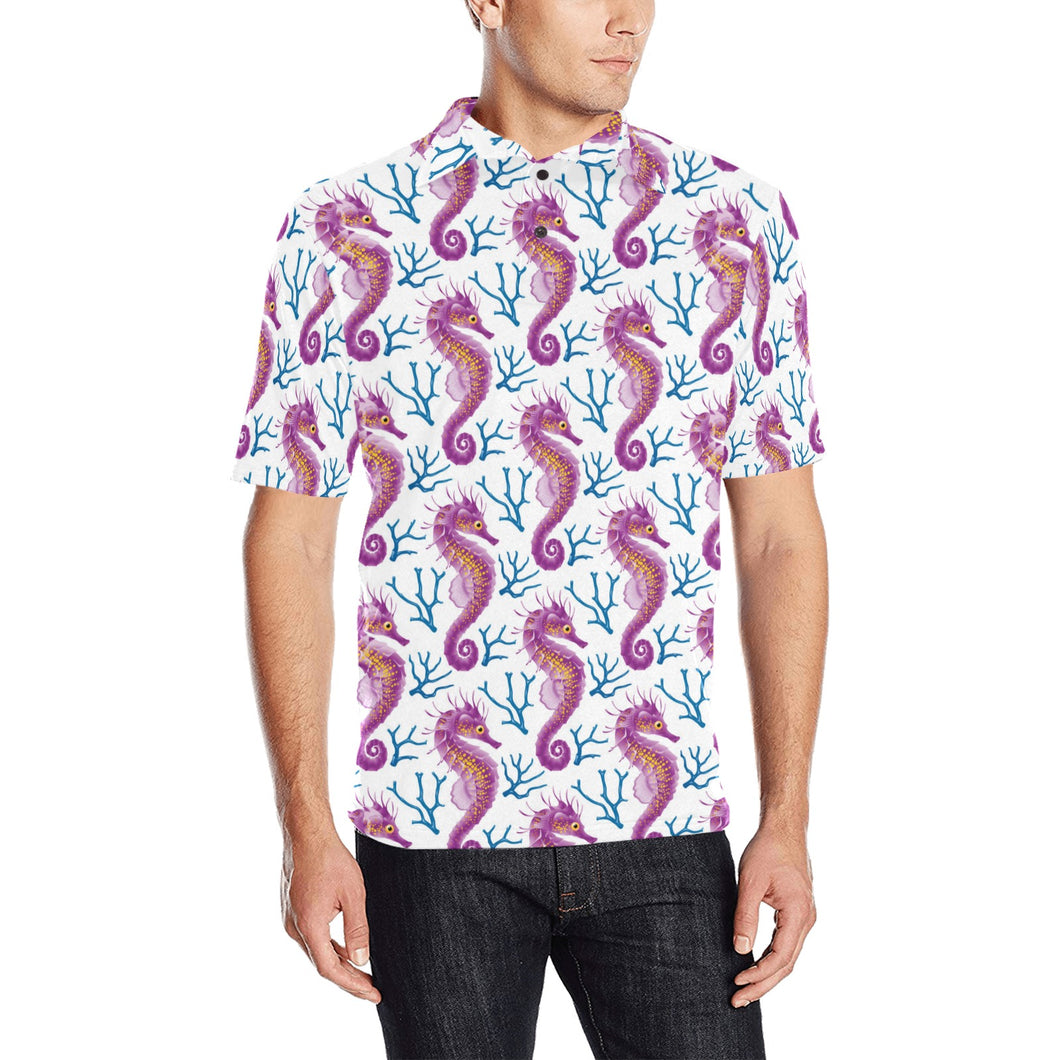 Purple seahorse blue coral pattern Men's All Over Print Polo Shirt