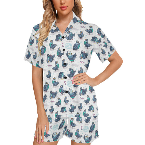 Pigeon Pattern Print Design 02 Women's V-Neck Short Pajama Set