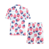 Strawberry pattern blue lines background Men's V-Neck Short Pajama Set