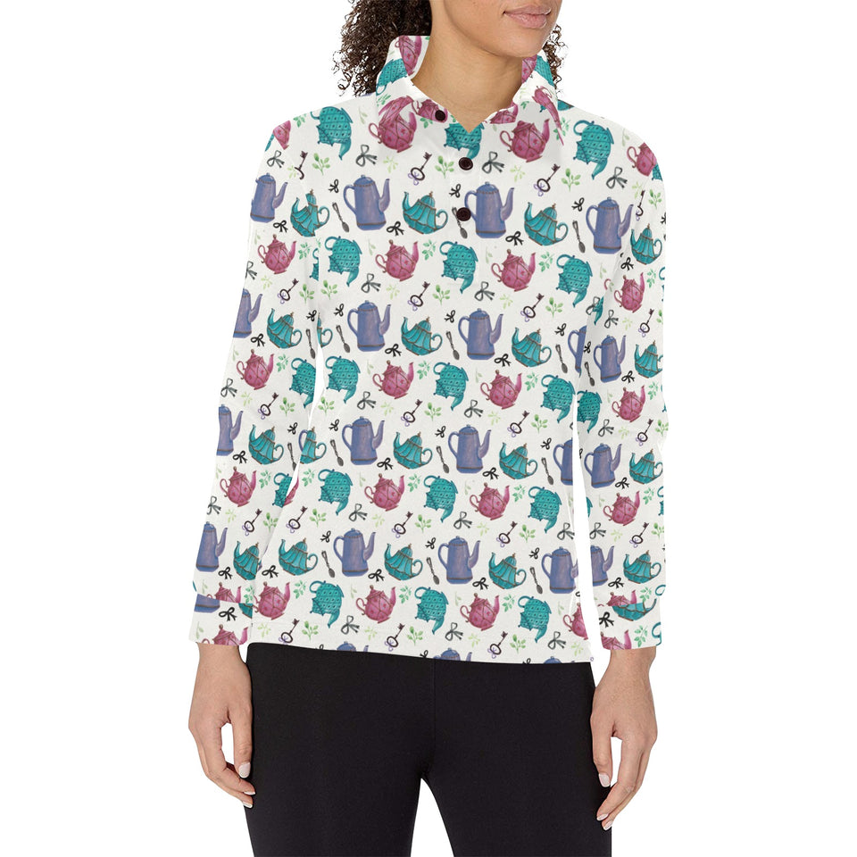 Tea pots Pattern Print Design 05 Women's Long Sleeve Polo Shirt