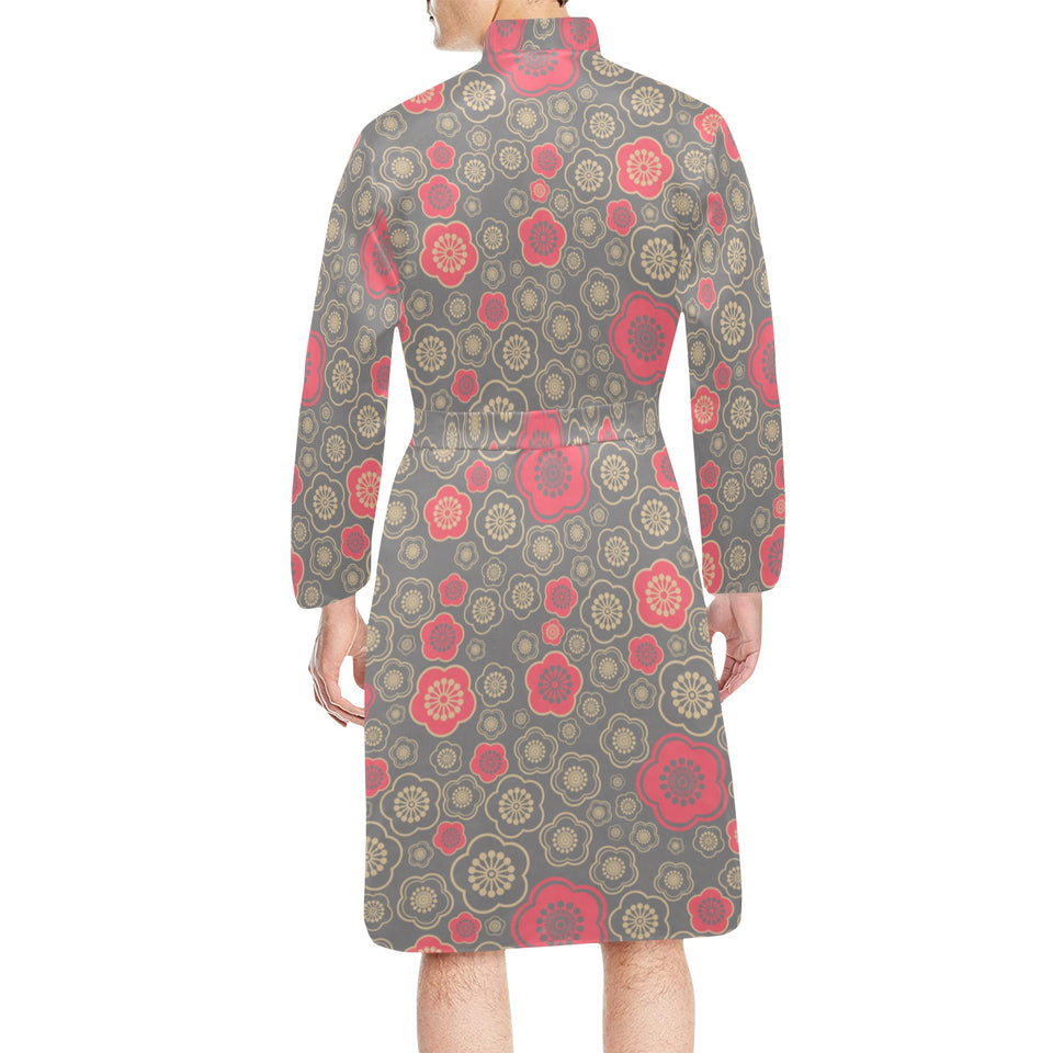 Red gold Sakura cherry blossom gray background Men's Long Sleeve Belted Night Robe