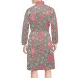 Red gold Sakura cherry blossom gray background Men's Long Sleeve Belted Night Robe