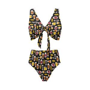 Beer type pattern Chest Bowknot High Waisted Bikini Swimsuit