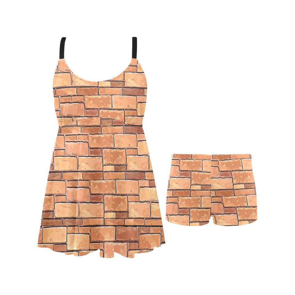 Brick Printed Pattern Print Design 04 Chest Sexy Pleated Two Piece Swim Dress