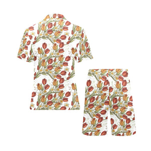 Red tulips and daffodils pattern Men's V-Neck Short Pajama Set