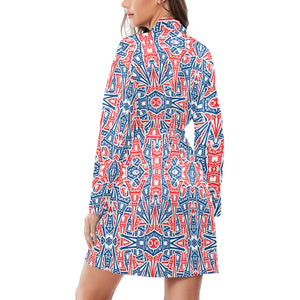 Blue Red Eiffel Tower Pattern Print Design 02 Women's Long Sleeve Belted Night Robe