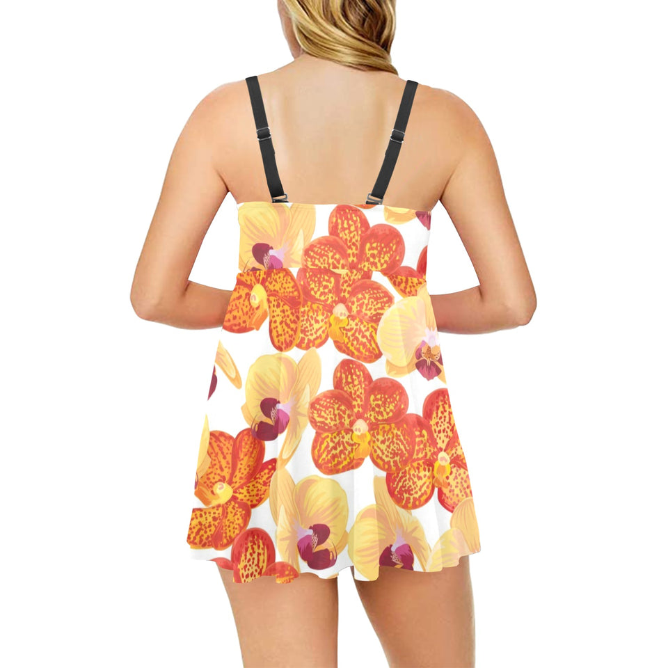 Orange yellow orchid flower pattern background Chest Sexy Pleated Two Piece Swim Dress