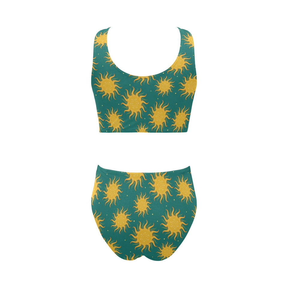 Sun green background Chest Bowknot High Waisted Bikini Swimsuit