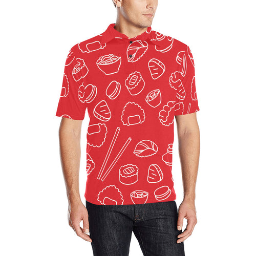 sushi pattern red background Men's All Over Print Polo Shirt